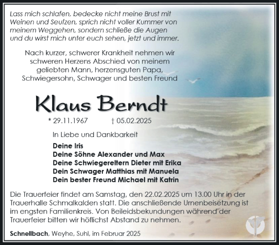 Traueranzeige von Klaus Berndt von Südthüringer Presse