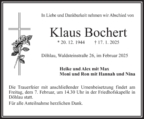 Traueranzeige von Klaus Bochert von Frankenpost