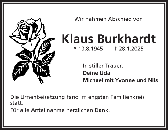 Traueranzeige von Klaus Burkhardt von Frankenpost