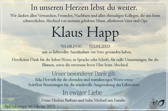 Traueranzeige von Klaus Happ von Südthüringer Presse