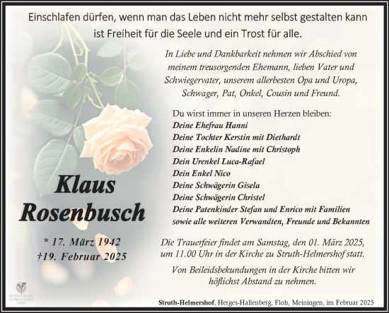 Traueranzeige von Klaus Rosenbusch von Südthüringer Presse