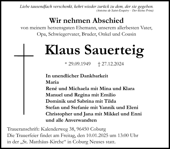 Traueranzeige von Klaus Sauerteig von Neue Presse Coburg