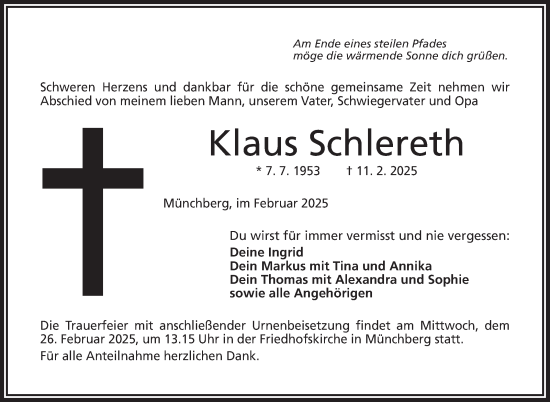 Traueranzeige von Klaus Schlereth von Frankenpost