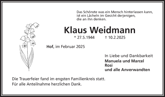 Traueranzeige von Klaus Weidmann von Frankenpost