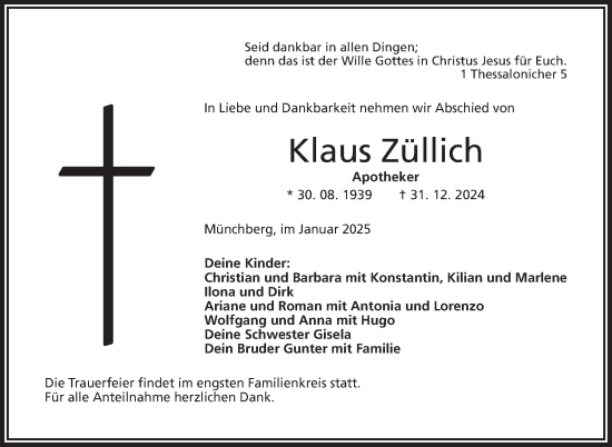 Traueranzeige von Klaus Züllich von Frankenpost