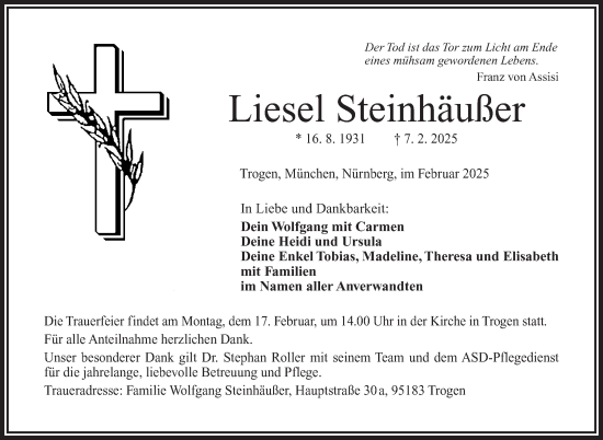 Traueranzeige von Liesel Steinhäußer von Frankenpost