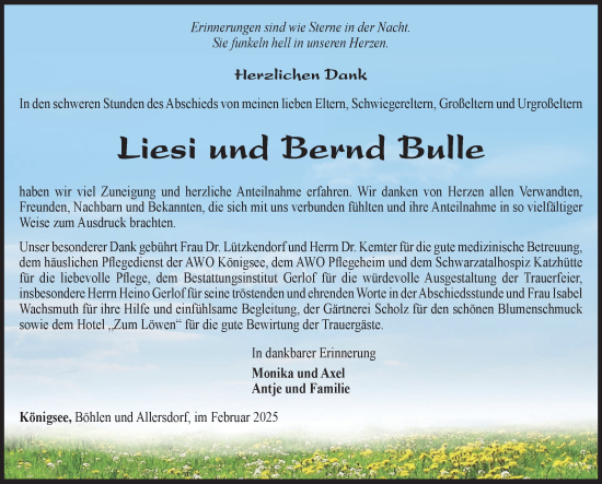 Traueranzeige von Liesi Bulle von Südthüringer Presse