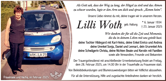 Traueranzeige von Lilli Worth von Südthüringer Presse