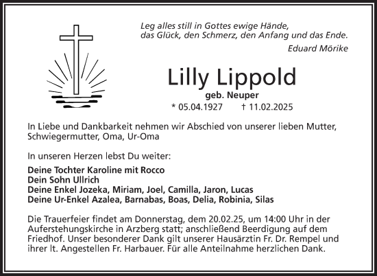 Traueranzeige von Lilly Lippold von Frankenpost