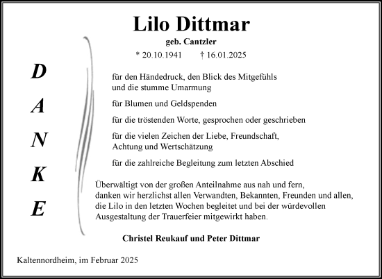 Traueranzeige von Lilo Dittmar von Südthüringer Presse