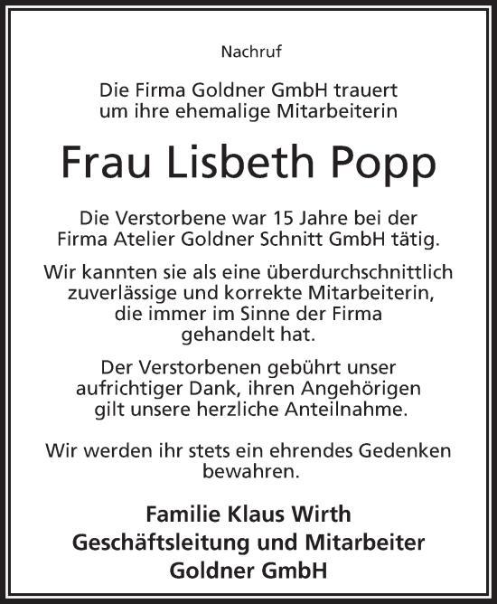 Traueranzeige von Lisbeth Popp von Frankenpost