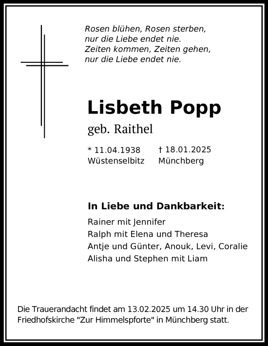 Traueranzeige von Lisbeth Popp von Frankenpost