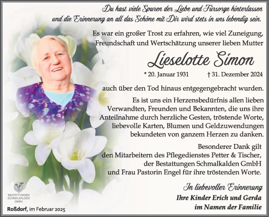 Traueranzeige von Liselotte Simon von Südthüringer Presse