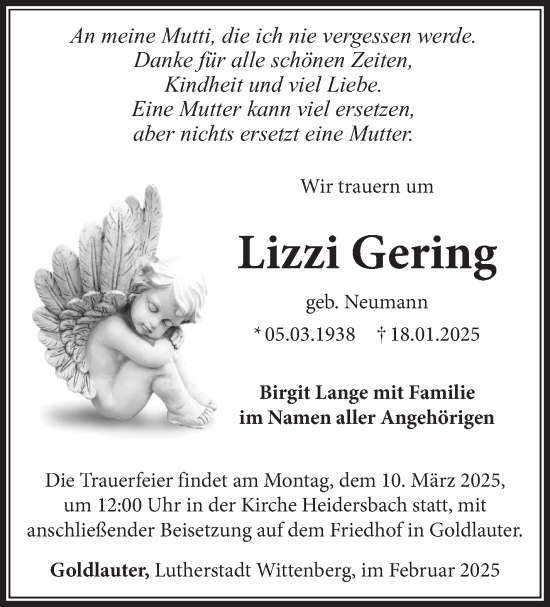 Traueranzeige von Lizzi Gering von Südthüringer Presse
