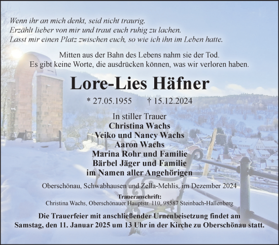 Traueranzeige von Lore-Lies Häfner von Südthüringer Presse