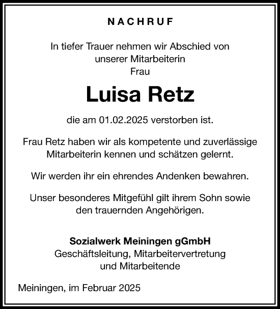 Traueranzeige von Luisa Retz von Südthüringer Presse