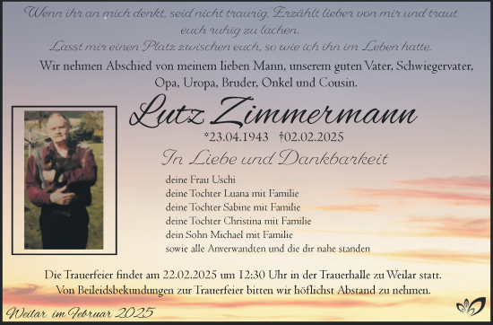 Traueranzeige von Lutz Zimmermann von Südthüringer Presse