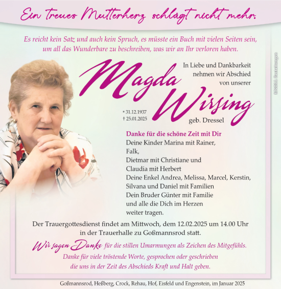 Traueranzeige von Magda Wirsing von Südthüringer Presse
