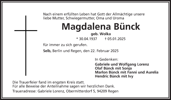 Traueranzeige von Magdalena Bünck von Frankenpost