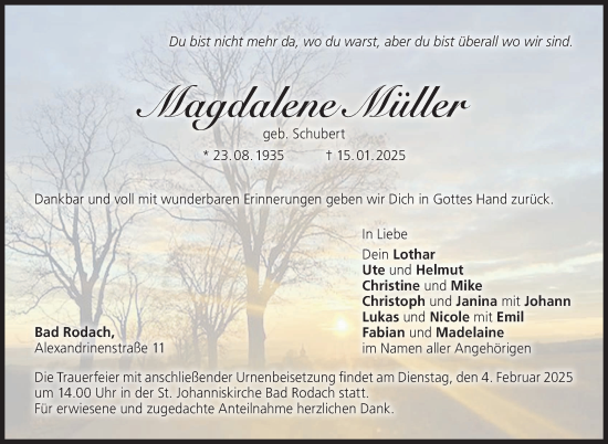 Traueranzeige von Magdalene Müller von Neue Presse Coburg