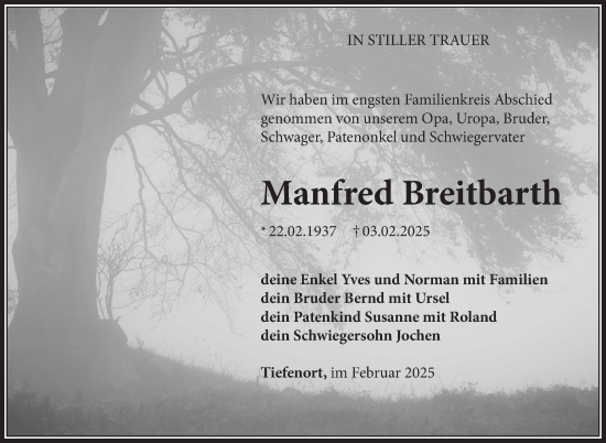 Traueranzeige von Manfred Breitbarth von Südthüringer Presse
