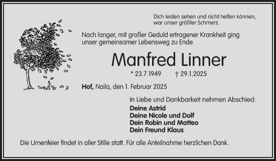 Traueranzeige von Manfred Linner von Frankenpost