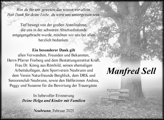 Traueranzeige von Manfred Sell von Südthüringer Presse