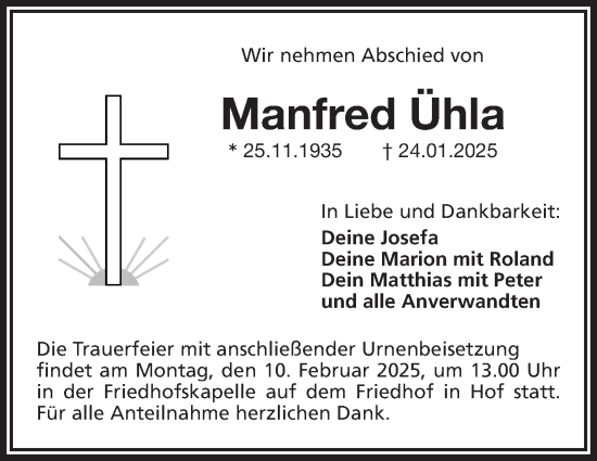 Traueranzeige von Manfred Uhla von Frankenpost