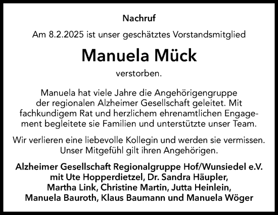 Traueranzeige von Manuela Mück von Frankenpost