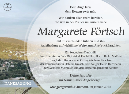 Traueranzeige von Margarete Förtsch von Südthüringer Presse