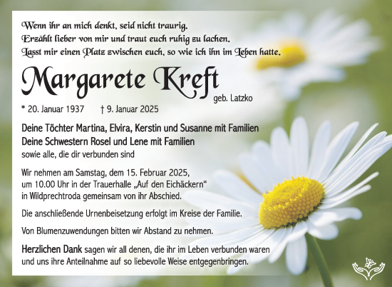 Traueranzeige von Margarete Kreft von Südthüringer Presse