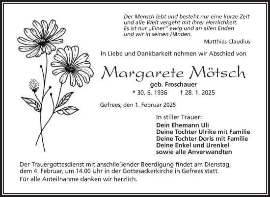 Traueranzeige von Margarete Mötsch von Frankenpost