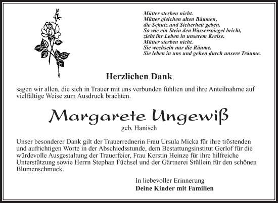 Traueranzeige von Margarete Ungewiß von Südthüringer Presse