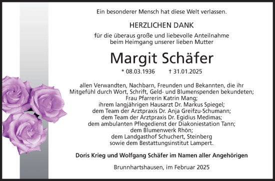 Traueranzeige von Margit Schäfer von Südthüringer Presse