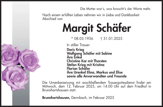 Traueranzeige von Margit Schäfer von Südthüringer Presse