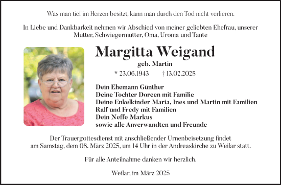 Traueranzeige von Margitta Weigand von Südthüringer Presse