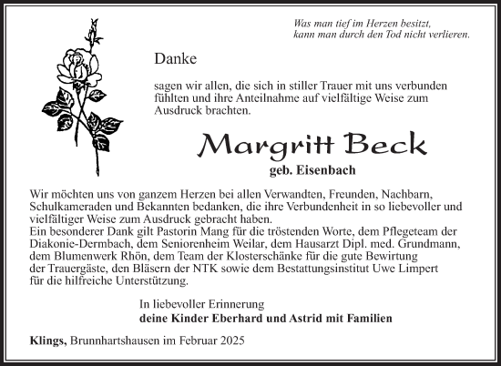 Traueranzeige von Margritt Beck von Südthüringer Presse