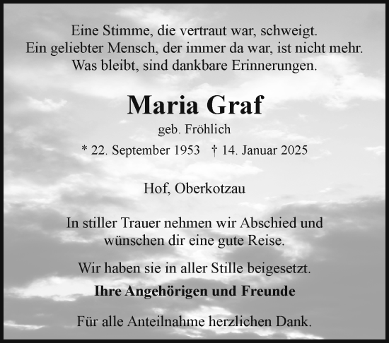 Traueranzeige von Maria Graf von Frankenpost