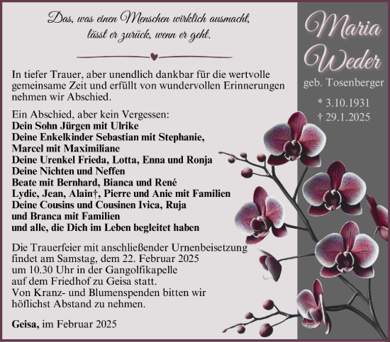 Traueranzeige von Maria Weder von Südthüringer Presse