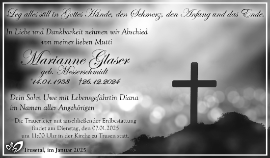 Traueranzeige von Marianne Glaser von Südthüringer Presse