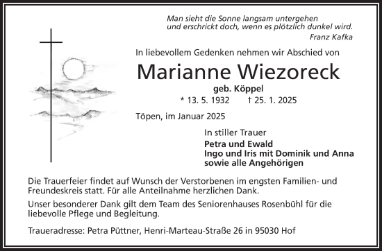 Traueranzeige von Marianne Wiezoreck von Frankenpost