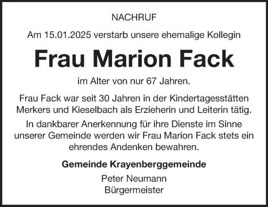 Traueranzeige von Marion Fack von Südthüringer Presse
