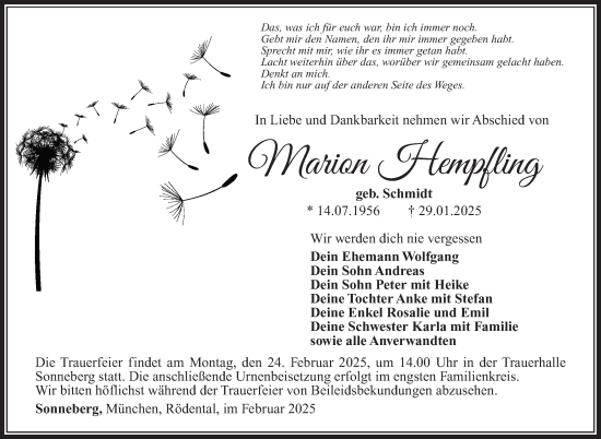 Traueranzeige von Marion Hempfling von Südthüringer Presse