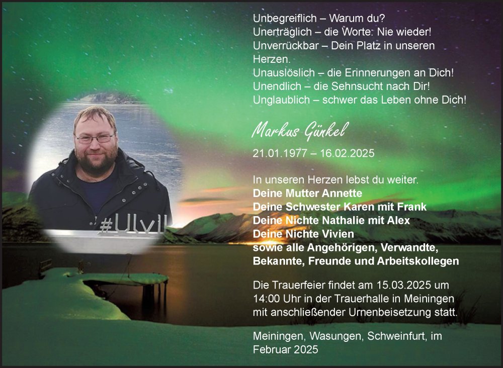  Traueranzeige für Markus Günkel vom 01.03.2025 aus Südthüringer Presse