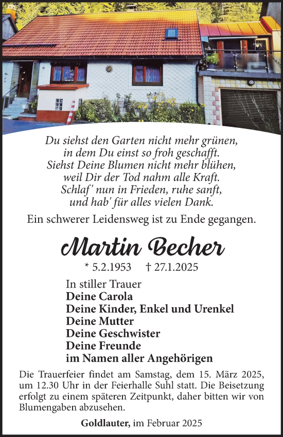 Traueranzeige von Martin Becher von Südthüringer Presse