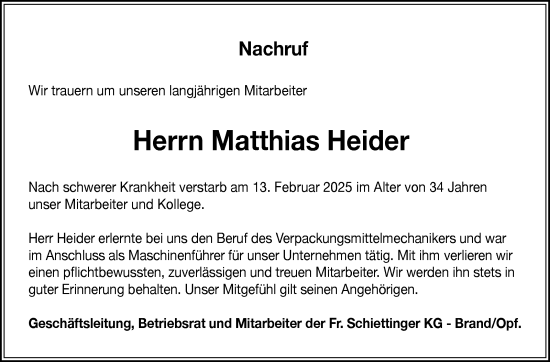 Traueranzeige von Matthias Heider von Frankenpost