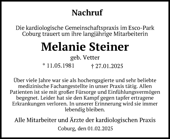 Traueranzeige von Melanie Steiner von Neue Presse Coburg