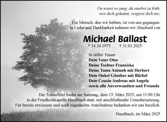 Traueranzeige von Michael Ballast von Südthüringer Presse