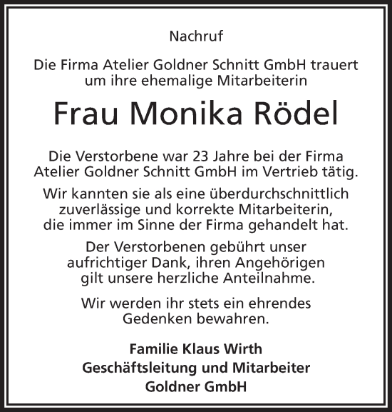 Traueranzeige von Monika Rödel von Frankenpost