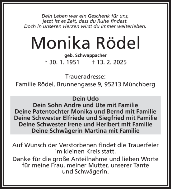 Traueranzeige von Monika Rödel von Frankenpost